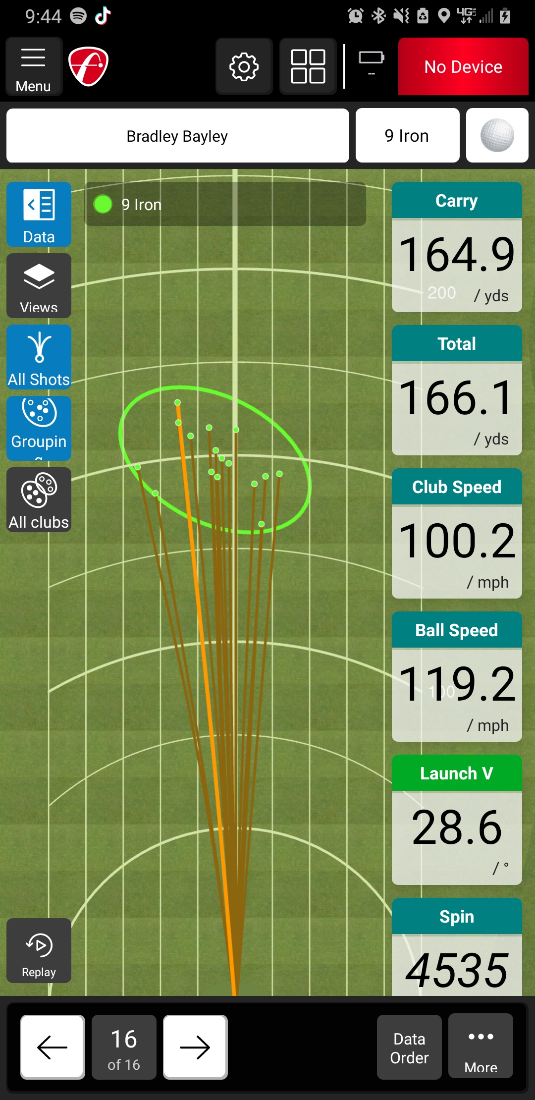 FlightScope Mevo+ Pro Package software showing shot data after a session